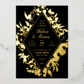 エレガントフローラダイヤ結婚モンドの黒金ゴールド 箔招待状 (正面)
