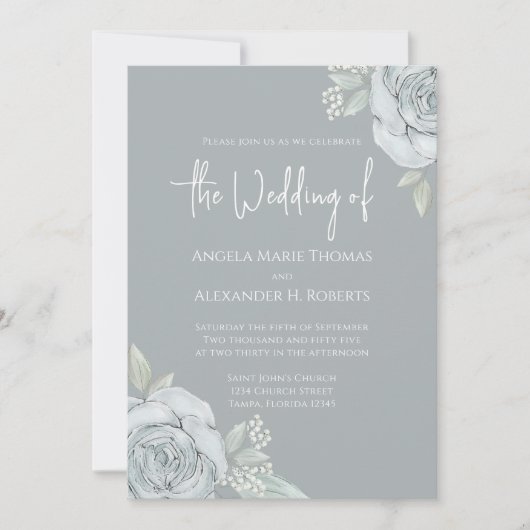エレガントフローラダスティブルークラシックバラ花 招待状 (正面)
