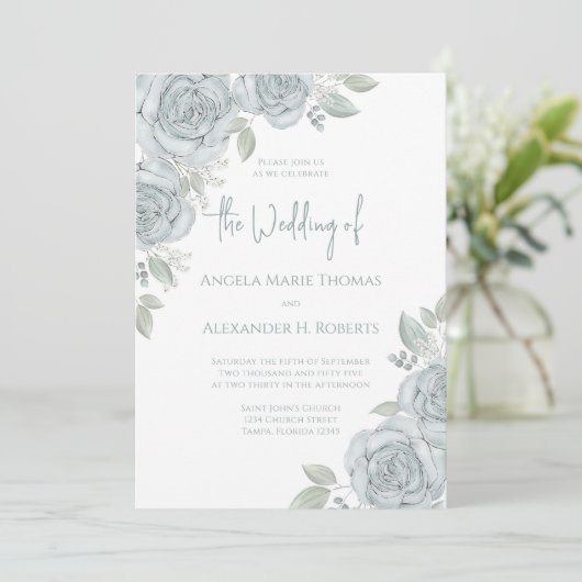 エレガントフローラダスティブルークラシックバラ花 招待状 (スタンド正面)