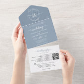 エレガントフローラダスティブルーモノグラムQRコー結婚ド オールインワン招待状 (貼ってはがせる)