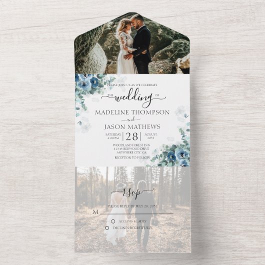 エレガントフローラダスティブルー写真RSVP結婚のAll I オールインワン招待状 (内側)