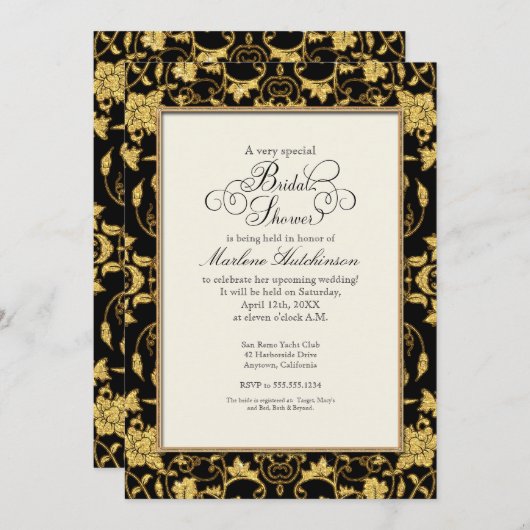 エレガントフローラダマスク金ゴールドクラシックグリッター結婚の 招待状 (正面/裏面)