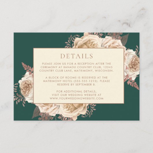 エレガントフローラダークティール（緑がかった色）バラ金ゴールド結婚の詳細 エンクロージャーカード (正面)
