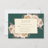エレガントフローラダークティール（緑がかった色）バラ金ゴールド結婚アイボリー 出欠カード (正面)