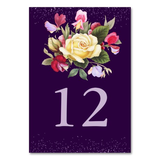 エレガントフローラダークパープルイエロー結婚ローズ テーブルナンバー (正面)