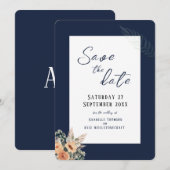 エレガントフローラダークブルー日付フラットカードを保存 セーブザデート (正面/裏面)