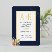 エレガントフローラダークブルー5" x 7"フォイル招待状 箔招待状 (立ち正面)