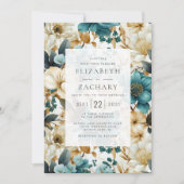 エレガントフローラティール（緑がかった色）アイボリー金ゴールド結婚 招待状 (正面)