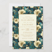 エレガントフローラティール（緑がかった色）クリーム結婚金ゴールド 招待状 (正面)