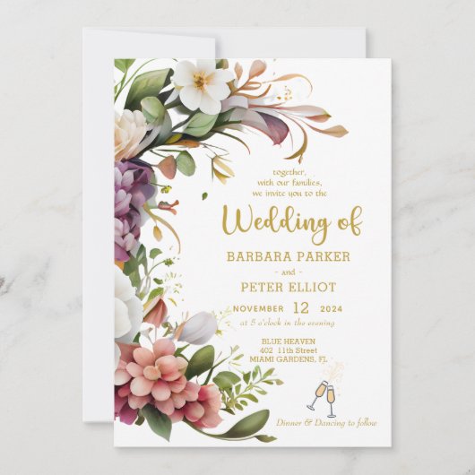 エレガントフローラテーマ付き金ゴールド結婚式招待状 招待状 (正面)