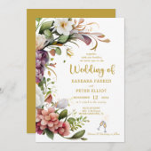 エレガントフローラテーマ付き金ゴールド結婚式招待状 招待状 (正面/裏面)