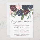 エレガントフローラネイビーブルーとプラムのランジェリーシャワー 招待状 (正面)