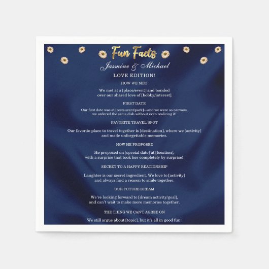 エレガントフローラネイビーブルーと金ゴールド結婚のおもしろい事実 スタンダードカクテルナプキン (正面)