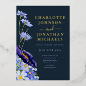 エレガントフローラネイビーブルーと金ゴールド 箔招待状 (正面)