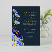 エレガントフローラネイビーブルーと金ゴールド 箔招待状 (立ち正面)