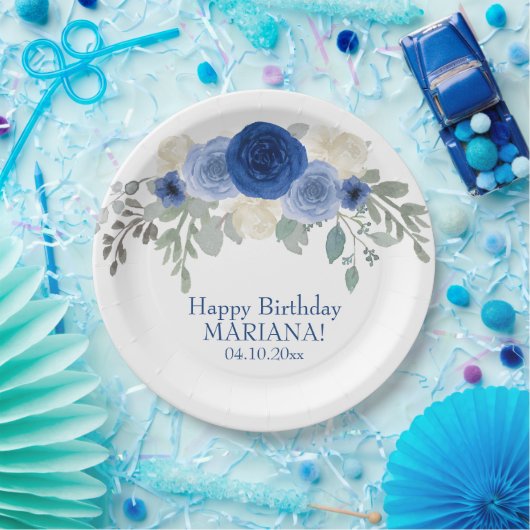 エレガントフローラネイビーブルーフローラ誕生会 ペーパープレート (パーティー)
