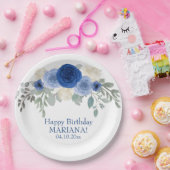 エレガントフローラネイビーブルーフローラ誕生会 ペーパープレート (パーティー)