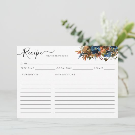 エレガントフローラネイビーブルーブライダルシャワーレシピカード (スタンド正面)