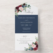 エレガントフローラネイビーブルーブルゴーニュ結婚ーズ オールインワン招待状 (内側)