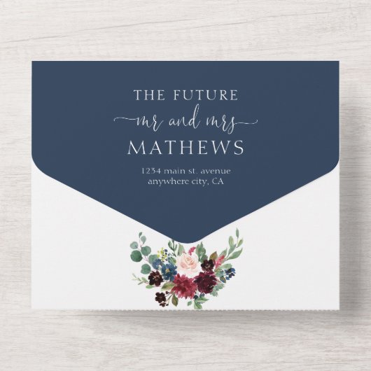 エレガントフローラネイビーブルーブルゴーニュ結婚ーズ オールインワン招待状 (裏面)