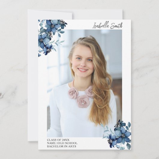 エレガントフローラネイビーブルー写真卒業党 招待状 (裏面)