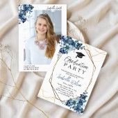 エレガントフローラネイビーブルー写真卒業党 招待状