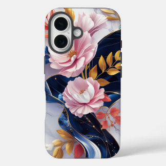 エレガントフローラネイビー大理石iPhoneケース iPhone 16ケース