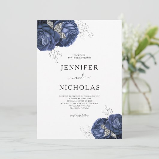 エレガントフローラネイビー青い牡丹結婚ズ 招待状 (スタンド正面)