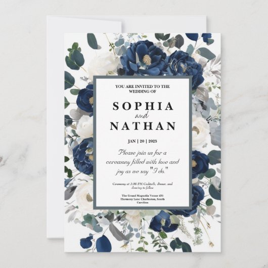 エレガントフローラネイビー&ホワイト結婚ズ 招待状 (正面)