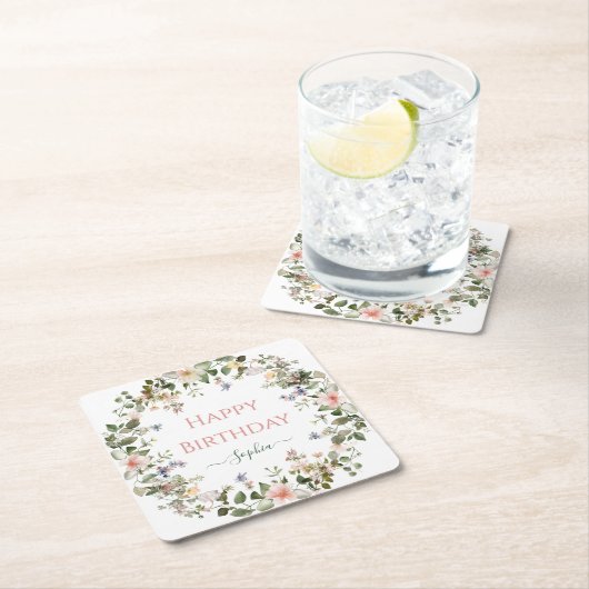 エレガントフローラハッピーバースデー-パーソナライズされたパーティー スクエアペーパーコースター (インサイチュ)