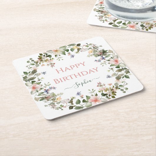 エレガントフローラハッピーバースデー-パーソナライズされたパーティー スクエアペーパーコースター (アングル)