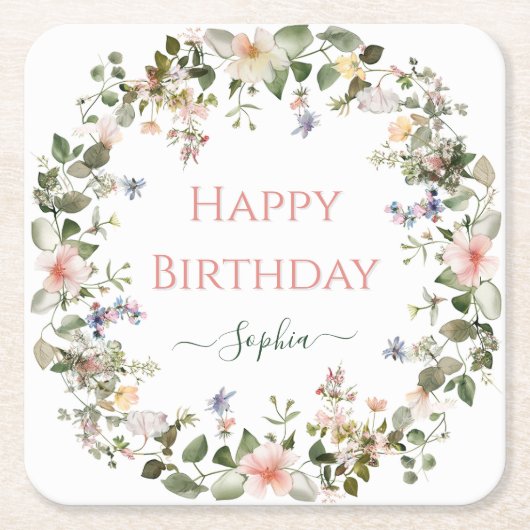 エレガントフローラハッピーバースデー-パーソナライズされたパーティー スクエアペーパーコースター (正面)
