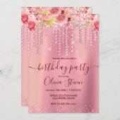 エレガントフローラバラ金ゴールド滴下グリッター任意の年齢 招待状 (正面/裏面)