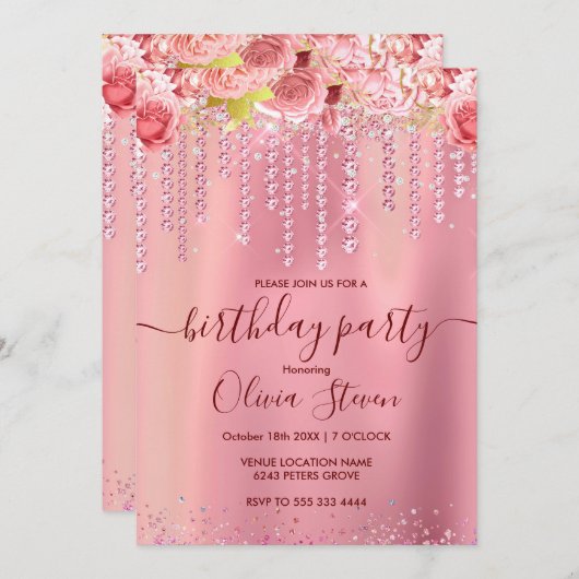 エレガントフローラバラ金ゴールド滴下グリッター任意の年齢 招待状 (正面/裏面)