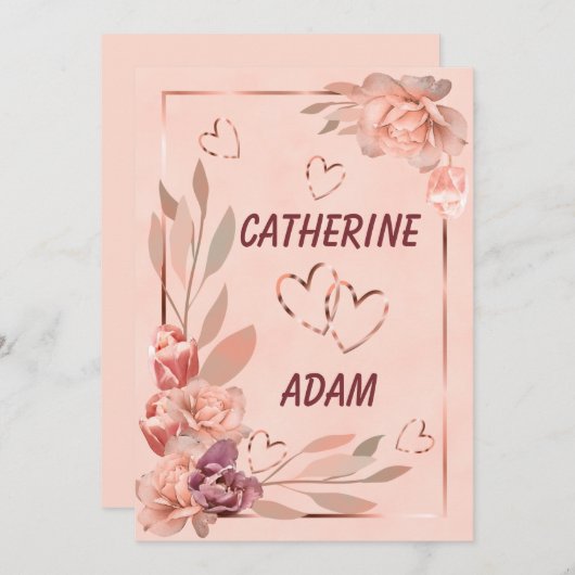 エレガントフローラバラ金ゴールド赤面ピンクヴィンテージ 招待状 (正面/裏面)