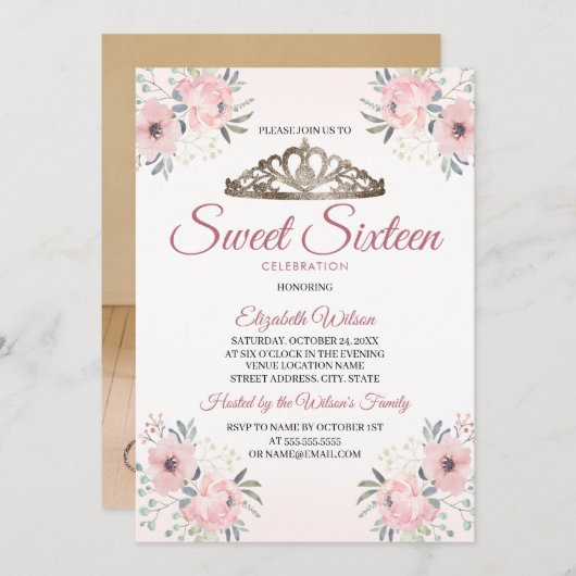エレガントフローラバラ金ゴールドPhoto Sweet 16招待状 招待状 (正面/裏面)