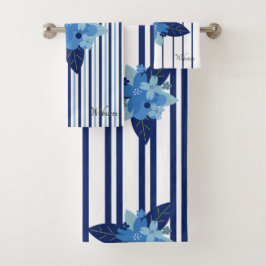 エレガントフローラパタストライプのーン単色ブルー バスタオルセット