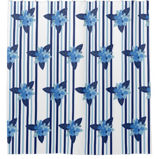エレガントフローラパタストライプーン単色ブルー シャワーカーテン (正面)