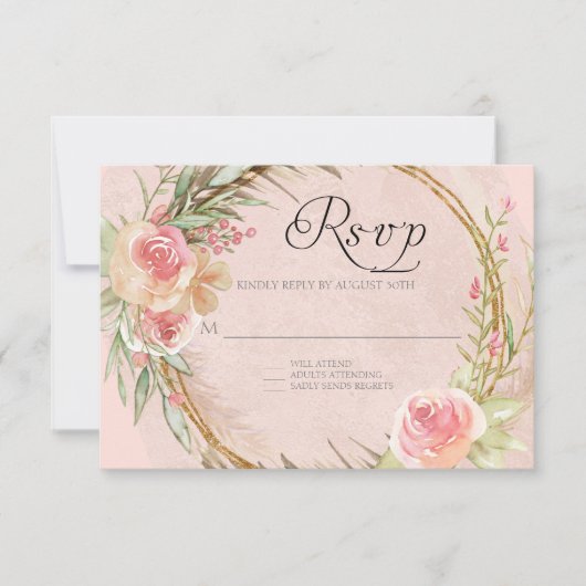 エレガントフローラパンパリーフ金ゴールド水色リース 出欠カード (正面)