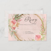 エレガントフローラパンパリーフ金ゴールド水色リース 出欠カード (正面/裏面)