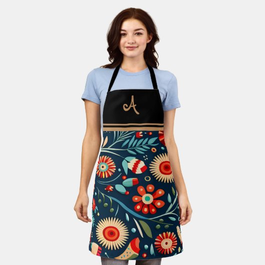 エレガントフローラパーソナライズされたイニシャル名エプロン エプロン (着用した状態)