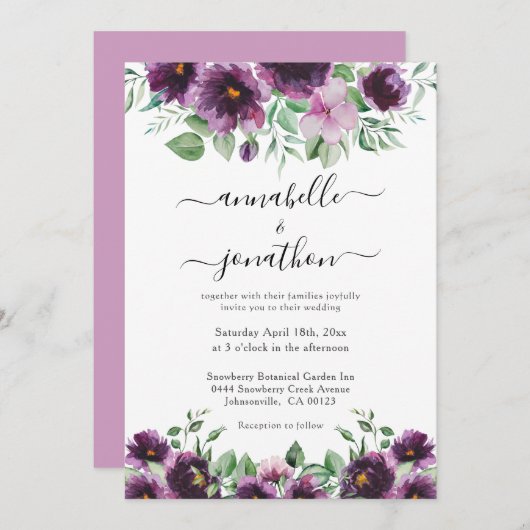 エレガントフローラパープルグ結婚リーン 招待状 (正面/裏面)