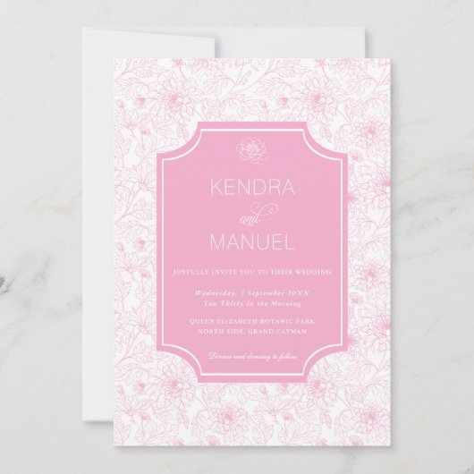 エレガントフローラピフランスのンク結婚トイル 招待状 (正面)