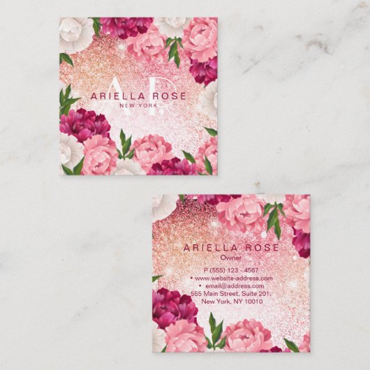 エレガントフローラピンクグリッター スクエア名刺 (正面/裏面)