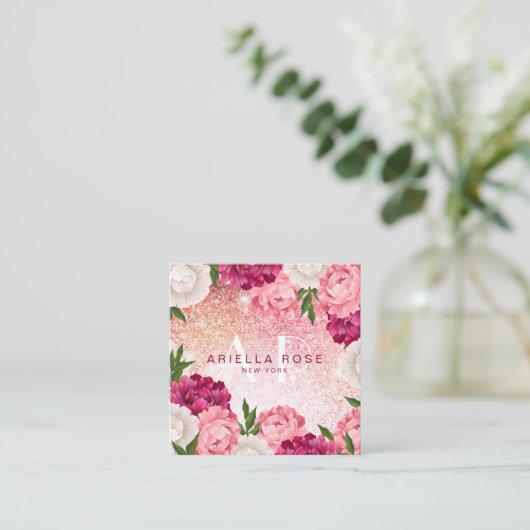エレガントフローラピンクグリッター スクエア名刺 (スタンド正面)