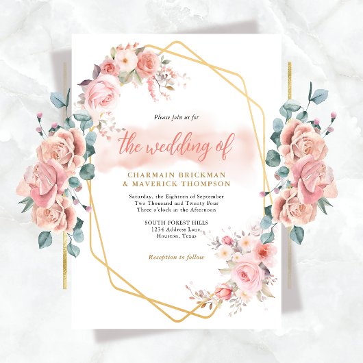 エレガントフローラピンクフレ結婚ーム 招待状