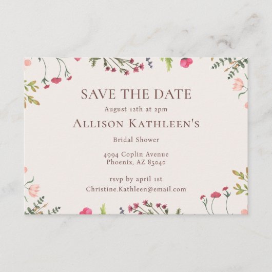 エレガントフローラピンクブライダルシャワー保存日付 エンクロージャーカード (正面)