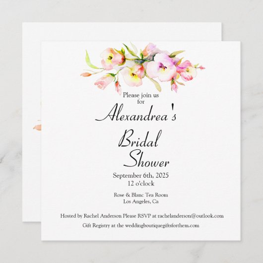 エレガントフローラピンクブライダルシャワー 招待状 (正面/裏面)