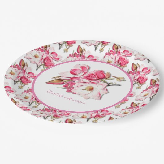 エレガントフローラピンク水色マグノリア結婚ズ ペーパープレート (アングル)