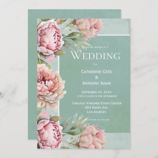 エレガントフローラピンク牡丹の水の色結婚の 招待状 (正面/裏面)
